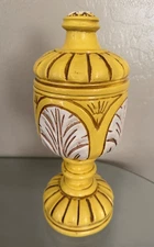 Art Pottery Urn With Lid Made by JARU in 1974, Hand Carved Yellow, 9" Tall 
