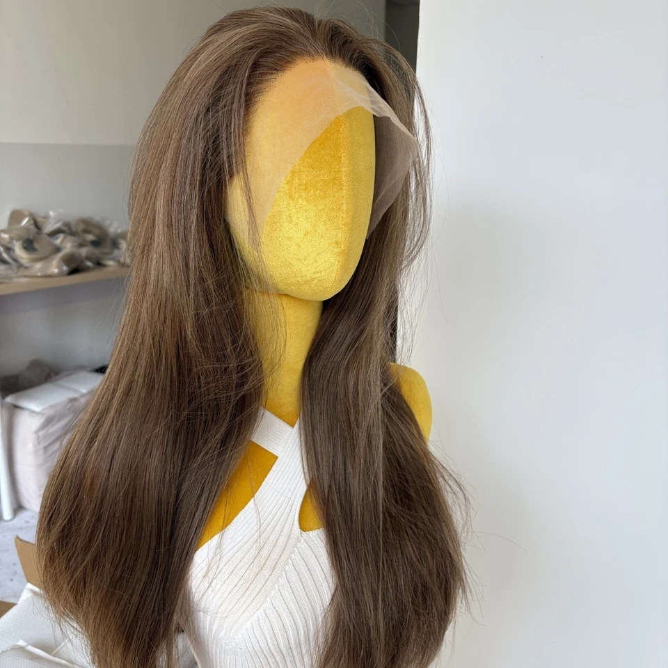 Peluca de encaje frontal marrón mezcla rubia cabello sintético largo recto resistente al calor Foto 3 de 4