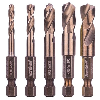 NordWolf 5-Piece M35 Cobalt Stubby Drill Bit Set for Stainless Steel & Hard M...