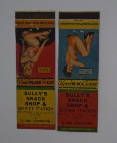 2 Sullys Snack Shop & Service Station Hogestown PA Matchbook Cover girlie