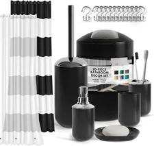 lara Clark 20pc Black Bathroom Set – Shower Curtain, Dispenser, Brush, Bin