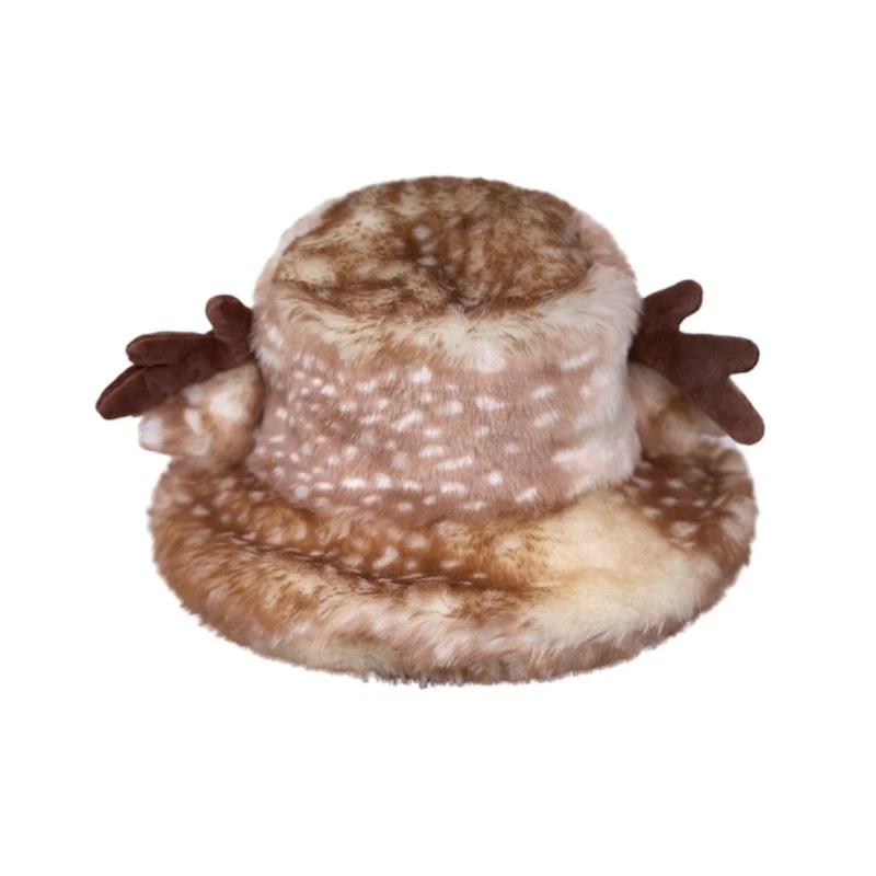 Fashionable Deer Horn Bucket Hat Warm Plush Fisherman Hat for Winter Activity
