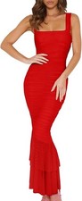 LCNBA Women's  Square Neck Ruffle Hem Dress Ruched Bodycon, beautiful Red color.