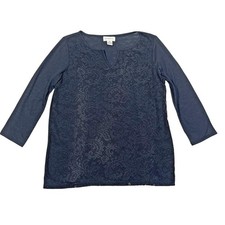 Liz Claiborne Shirt Womens Navy Blue V Neck Long Sleeve Top Size M 3/4 Sleeve