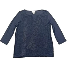 Liz Claiborne Shirt Womens Navy Blue V Neck Long Sleeve Top Size M 3/4 Sleeve