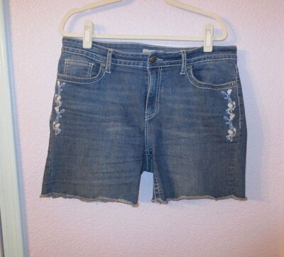 Level Eight Embroidered Jean Shorts Womens Size 12 Stretch Denim Fringe Boho