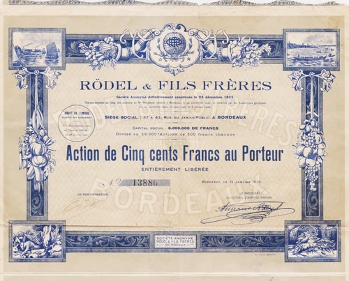 RODEL & FILS FRERES - 500 FRANCS SHARE 1926 - FRANCE BORDEAUX
