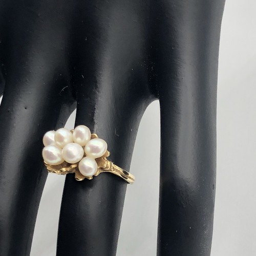 14K Yellow Gold & 7 Cluster of Pearls Cradled In Leaves Ring Size 5.75 (7215) - Picture 3 of 7