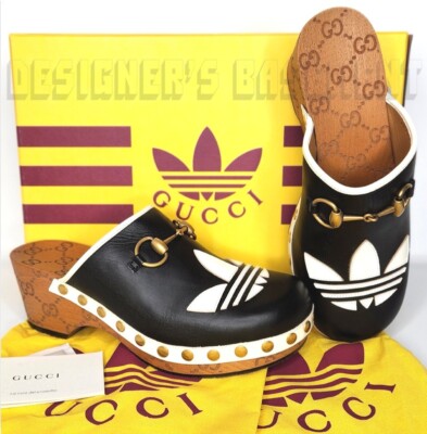 GUCCI x Adidas 36.5EU - 6.5US black Leather Trefoil logo GG platform Clogs shoes