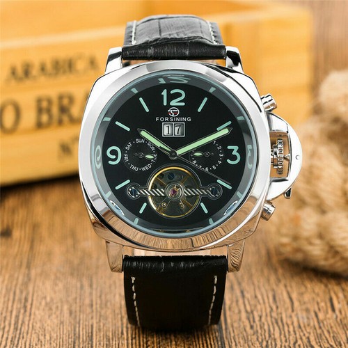 FORSINING Tourbillon MEN'S AUTO-Vento Meccanico Orologio Cassa in Acciaio  Visualizzazione data | eBay