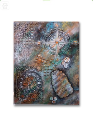 Acrylic Paint Hand Painted Collage Mandala Compass 3D