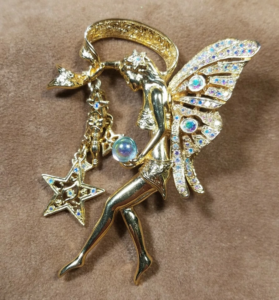 Kirk’s Folly Large Goldtone Fairy Godmother Brooch w/ Gazing Ball & Stars Brooch