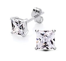 925 Silver 5mm Simulated Diamond Princess Cut Square Solitaire Stud Earrings