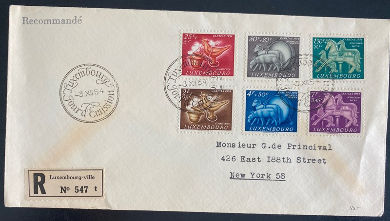 1954 Luxembourg First Day Cover FFC To New York Usa Sc#B180-B185