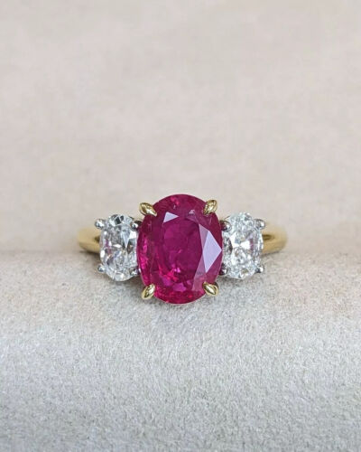 3.62 Ct Oval Certified Natural Ruby & Diamond Wedding Ring Real 14k Yellow Gold