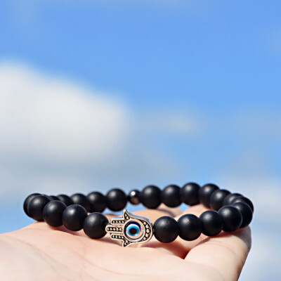 Men's Stretch Hamsa Hand Bracelet - Blue & Black Lava Stone Beads With Silver Alloy Charm