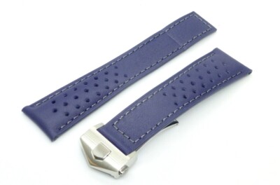 22mm Perforated Royal Blue Grey Stitch Leather Band Strap for Tag Heuer Monaco