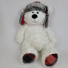 HUGFUN White Polar Christmas Teddy Bear W/ Red Plaid Hat Plush Toy 17"