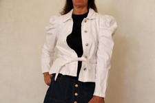 White cotton jacket with Long puff sleeve, Vintage blazer, Cropped denim buttons