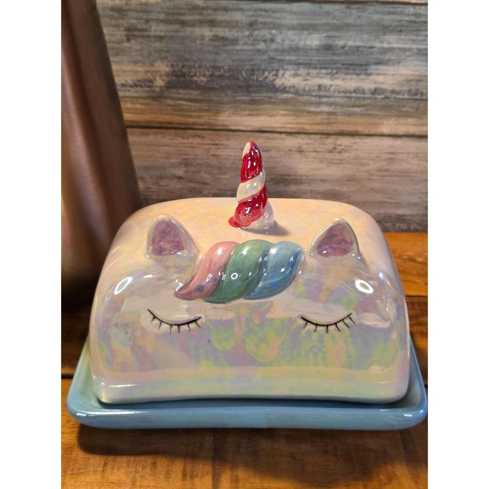 Iridescent Ceramic Unicorn Butter Dish Pearlescent 2 Piece Set Fairycore