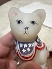 Fenton White Satin Patriotic Cat Figurine Hand Painted Signed American Flag