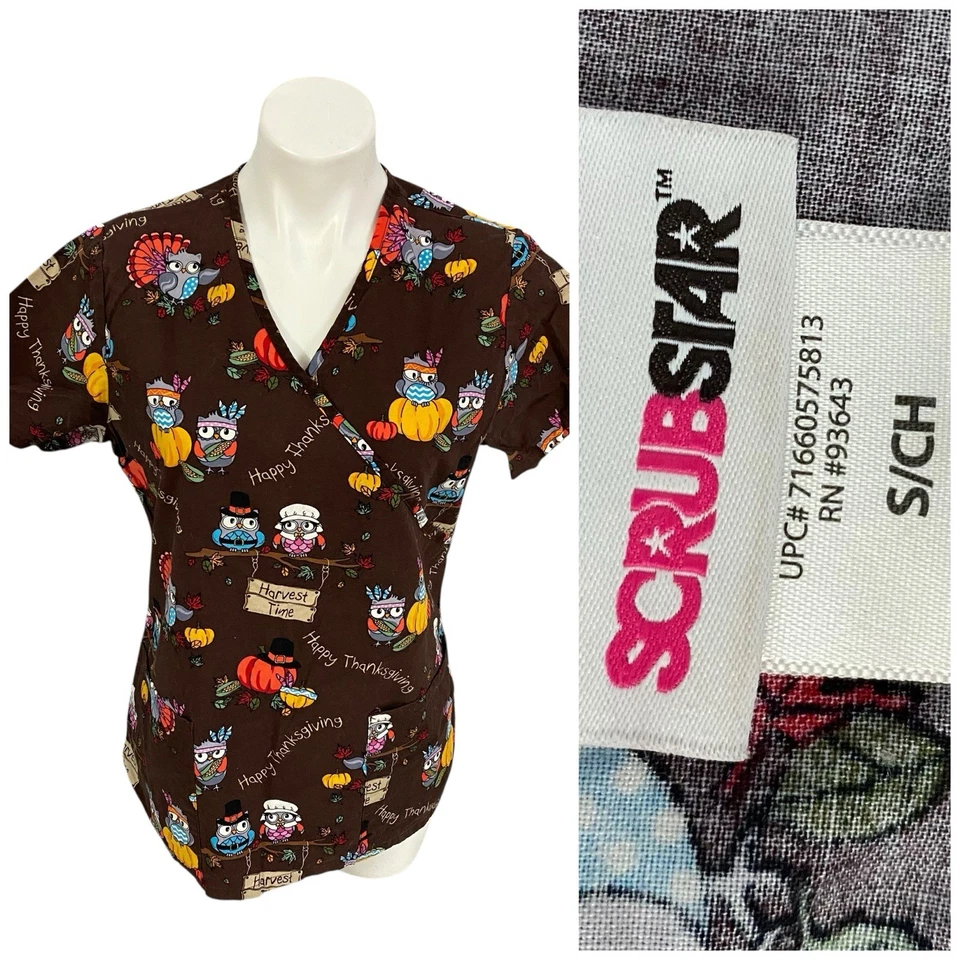 Blusa Médica Scrubstar Pequeña Mujer Acción de Gracias Búho Pavo Cosecha Veterinario Foto 2 de 4