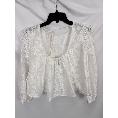 Aqua White Lace Blouse Top Ruffle Peplum Tie Back Long Sleeve Womens - Picture 7 of 10