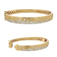 Diamond Flush Set Scattered Wedding Wide Bangle Bracelet 18K Yellow Gold Over