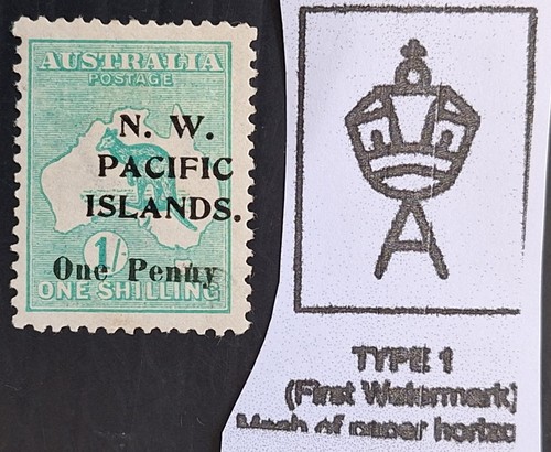 1918 Australia 1/- Green Kangaroo stamp 1st WMK NWPI One Penny O/P Mint Cat £120
