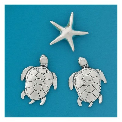 Basic Spirit Sea Turtles Medium Pewter Magnet Set with Starfish   Coastal Decor