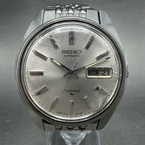 Seiko Automatic Watch Men 36mm Silver Dial Silver Tone Daydate 7006-8007 Runs
