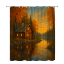 Rustic Autumn Shower Curtain with Cabin and Fall Colors