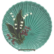Majolica SMF Schramberg  Lily of the Valley Teal Plate 8”  1920’s