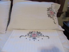 Set 2 Hand Sewn Embroidered Homemade Pillow Cases Floral Flower Design