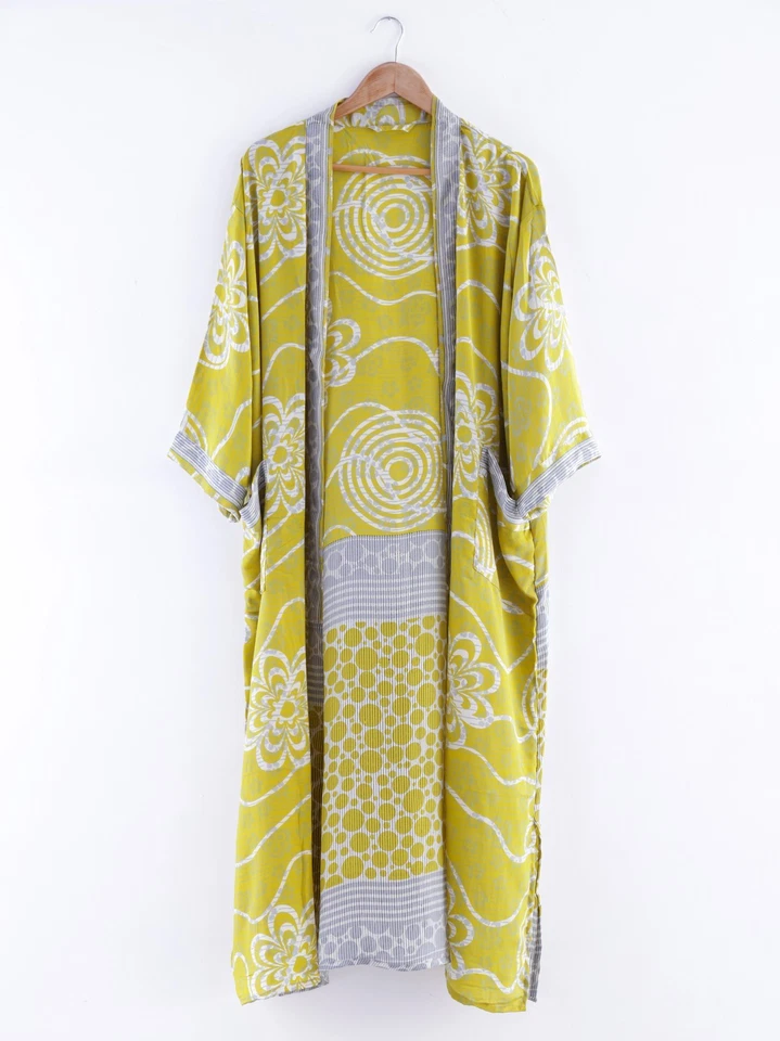 Bata Kimono Vintage Seda Verde Floral Estilo Japonés Vestido Envolvente | Talla Gratis Boho Foto 2 de 4