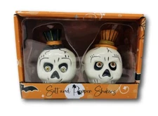 Transpac Ceramic Halloween Skulls Salt & Pepper Shaker Set  Free Shipping!!
