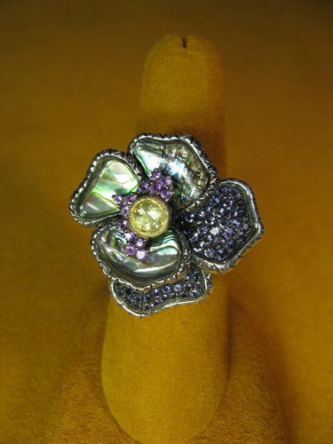 BARBARA BIXBY PANSY GEMSTONE RING IOLITE ABALONE SIZE 8 CARVED FLOWER Gift