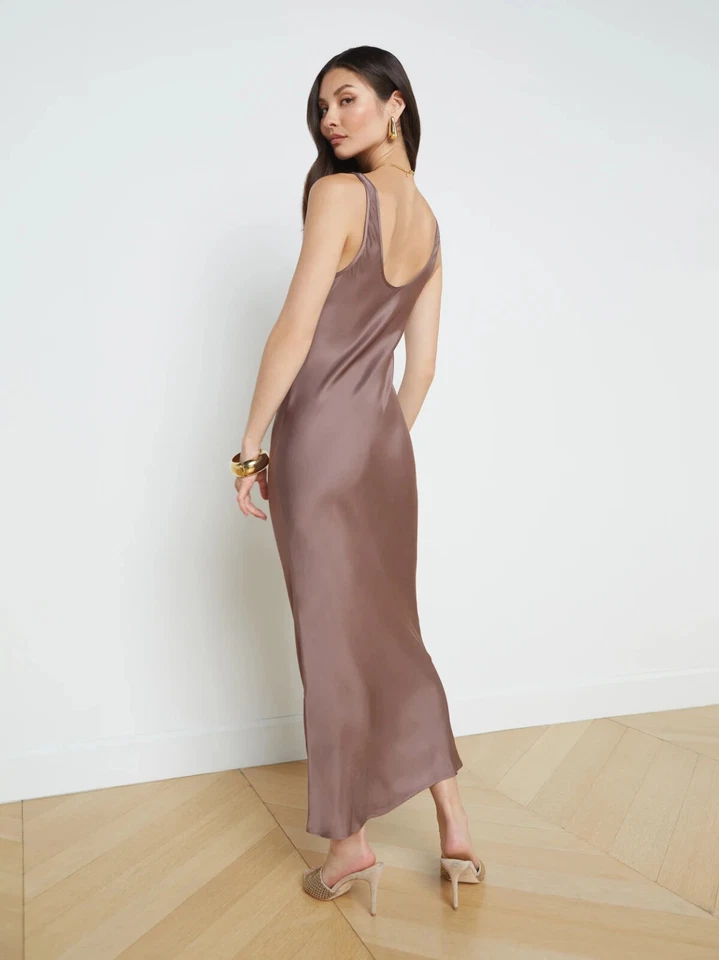 L'AGENCE Deep Taupe Akiya Bias-cut Silk-like Fluid Midi Maxi Slip Dress S = 2/4 - Image 2 of 4