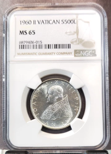 1960 VATICAN SILVER 500 LIRE S500L POPE JOHN XXIII NGC MS 65 SCARCE BRIGHT GEM