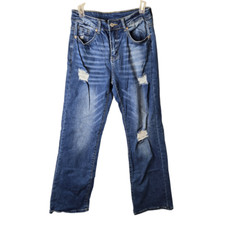 Blue Denim Distressed Straight Leg Mid Rise Medium Wash Zip Fly Women's Jeans S