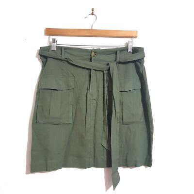 NEW Katies Skirt Sz 12 Green Khaki Linen Blend Short Pockets Belted Comfort Tags