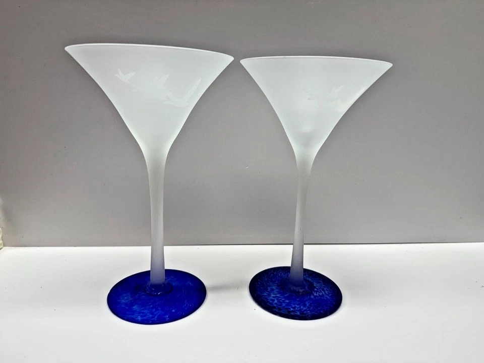 Raro Vaso Martini Esmerilado Ganso Gris De Colección - Pájaros Grabados - Juego de 2 Foto 2 de 4