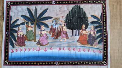 Vintage Wandbehang 18'' x 27'' indische Seidenmalerei Mogul Prinz mit Flöte