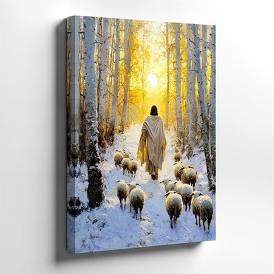 Wall Art Winter Forest Shepherd Sheep Canvas Print Snowy Birch Trees Sunlight