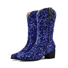 Fashion Women's Gitter Sequins Pull On Mid Calf Boots Party Formal Casual Shoes