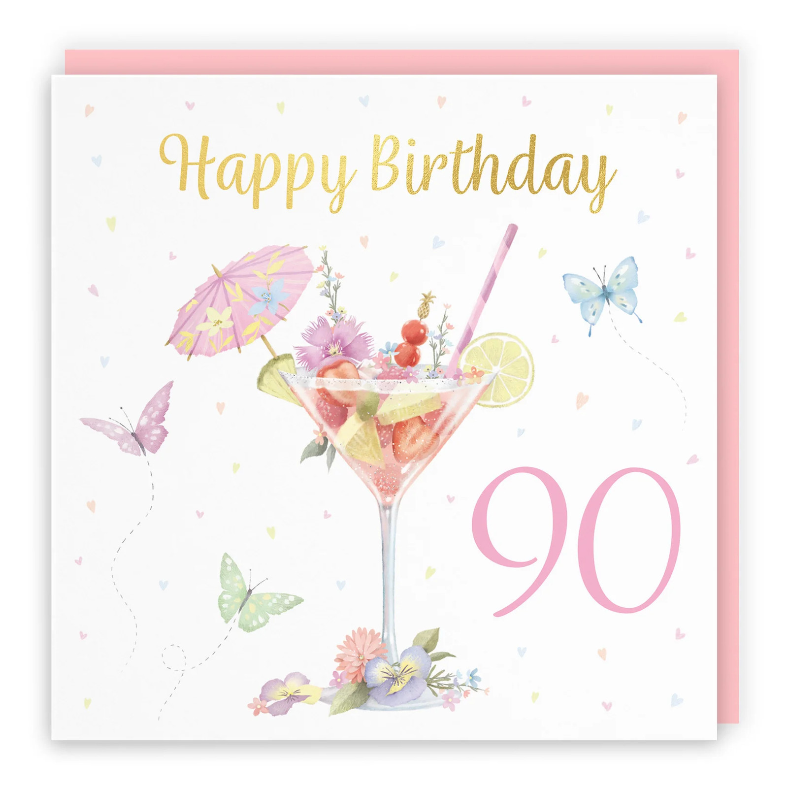90th Pink Cocktail And Butterflies Birthday Card Gold Foil Milo's Gallery