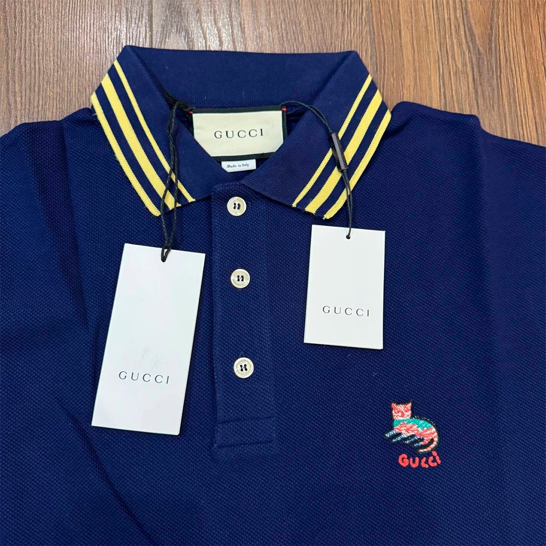 GUCCI Polo Shirt Men Cat Embroidered Print Navy Blue Color Size
