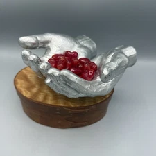 Cupped Silver Hands Catch-all Bowl with Red Heart Rocks Included