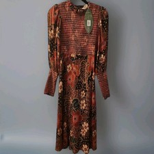 FARM Rio Midi Dress Flowered Leopards Tiered VNeck Autumnal Viscose XS Brand New