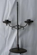 antique primitive wrought iron double candle stand adjustable table top